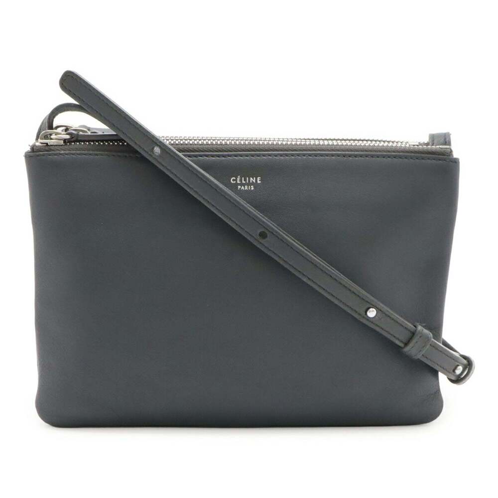 CELINE Trio Small Shoulder Bag, Pouch, Handbag, Leather, Charcoal Gray, 165113